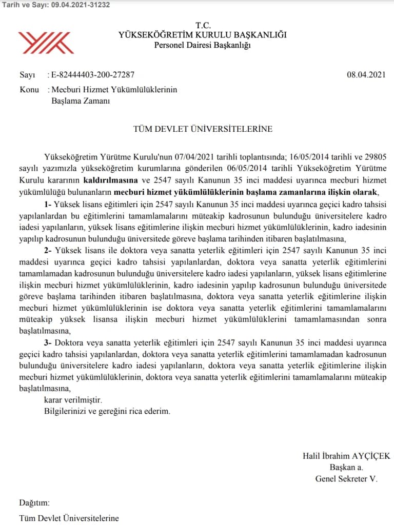 AKADEMİSYEN MECBURİ HİZMETI DEVRİ 