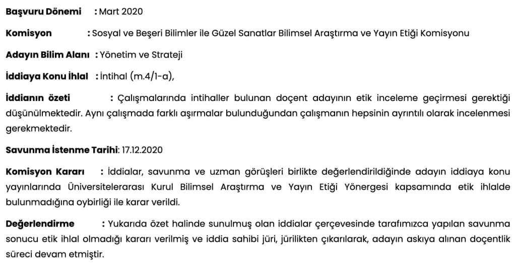 İntihal Etik İhlali Etik Komisyon Kararı
