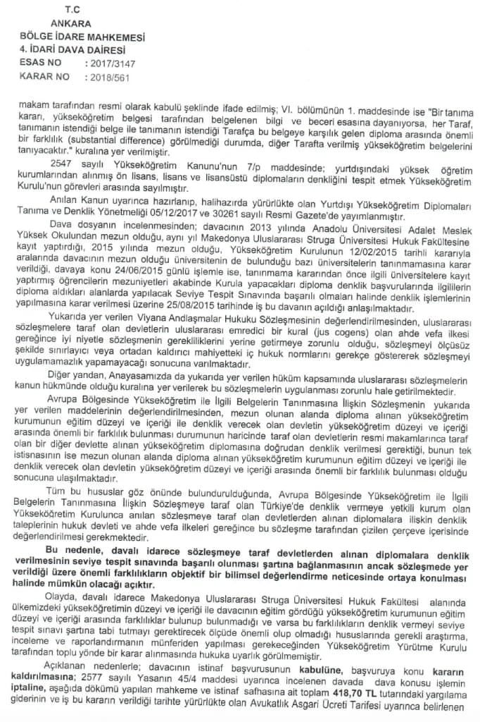 DİPLOMA DENKLİK DAVASI