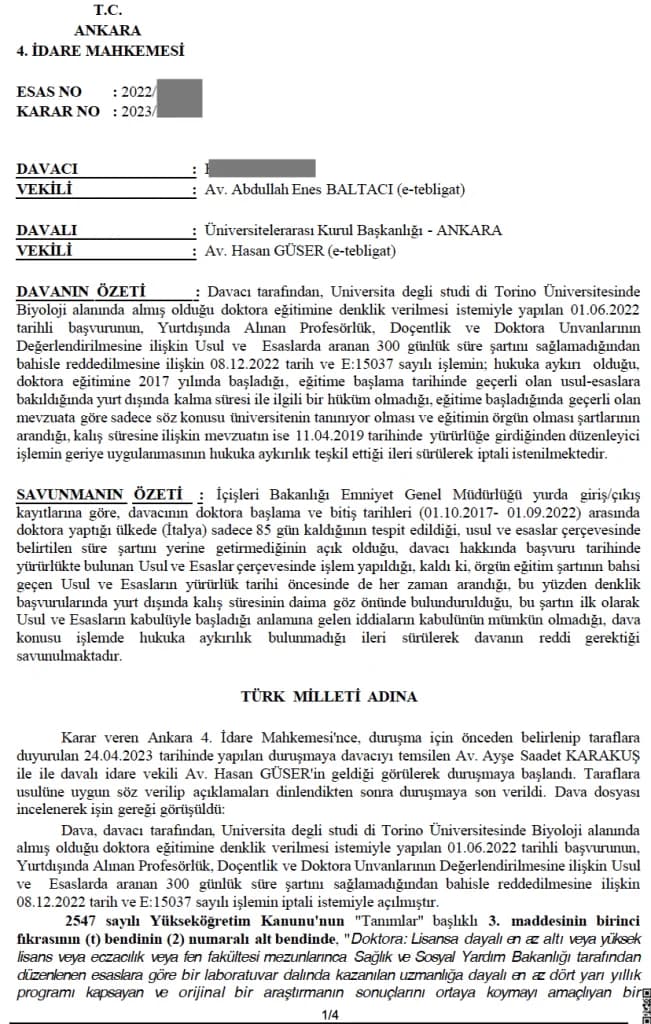 Doktora Denklik Davaları