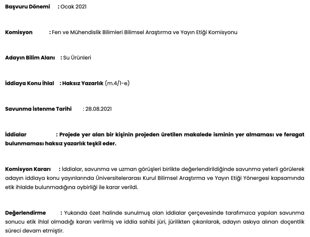 Etik Komisyon Kararı Haksız Yazarlık