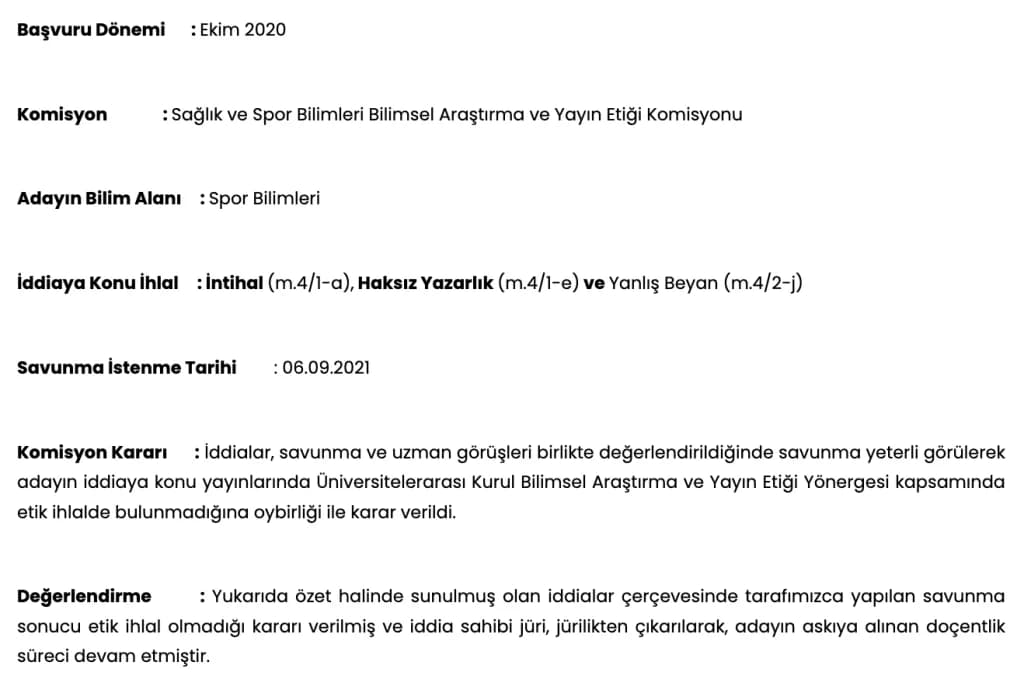 Haksız Yazarlık Etik Komisyon Sonucu