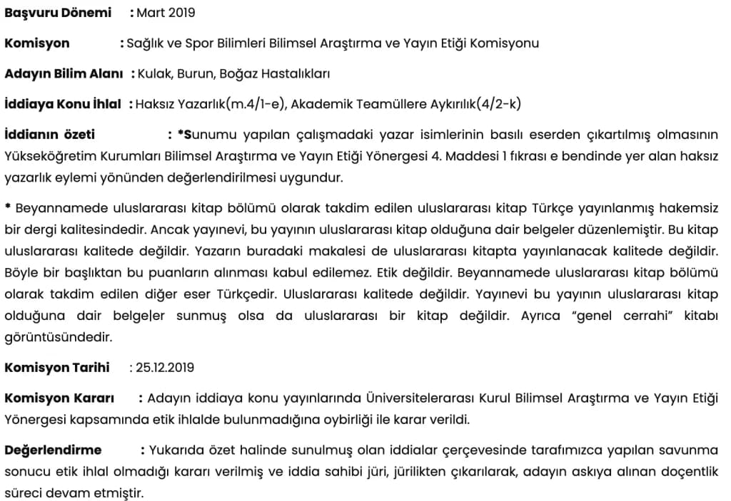 Haksız Yazarlık Etik Savunma Sonucu