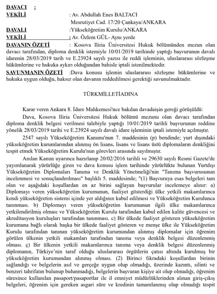 İLİRA KOLEJİ DİPLOMA DENKLİK