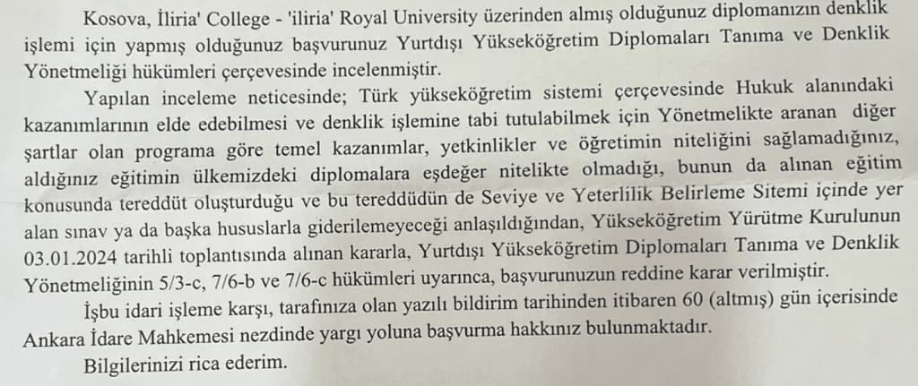 İLİRİA KOLEJİ DENKLİK DAVASI RET KARARI