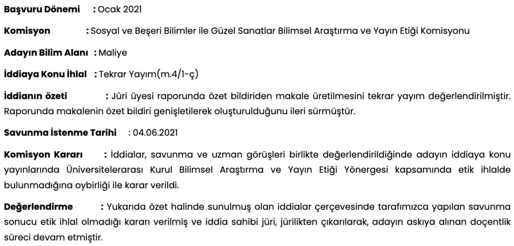 Tekrar Yayım Etik İhlal Komisyon Kararı