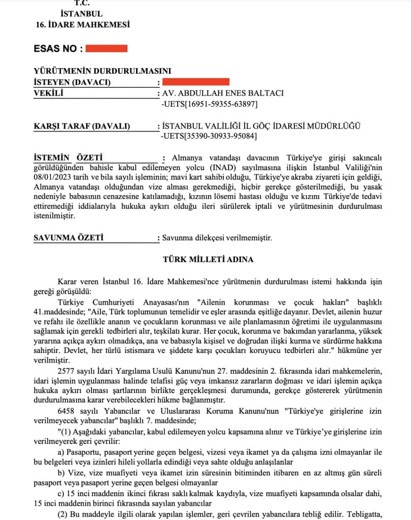 Türkiye'ye giriş yasağı ve ınad yolcu