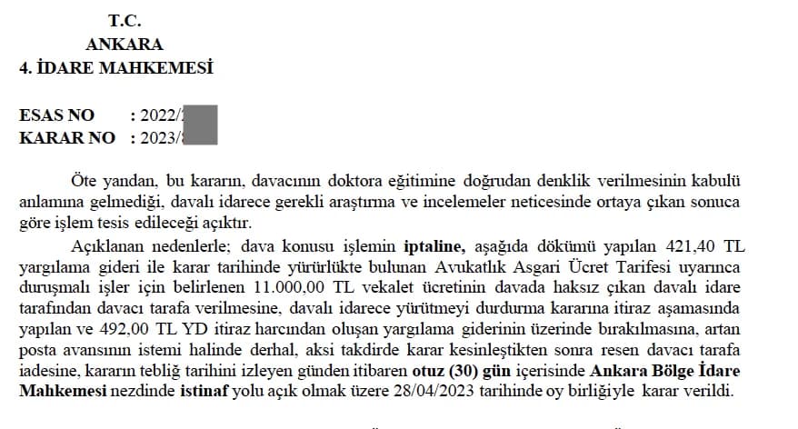 üak doktora denklik davası
