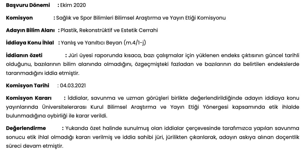 Yanlış ve Yanıltıcı Beyan ÜAK Etik Komisyon Kararı
