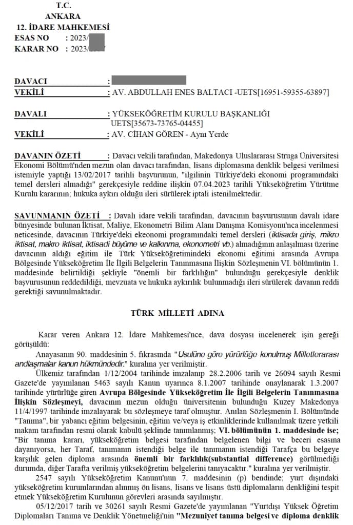 yok diploma denklik avukatı