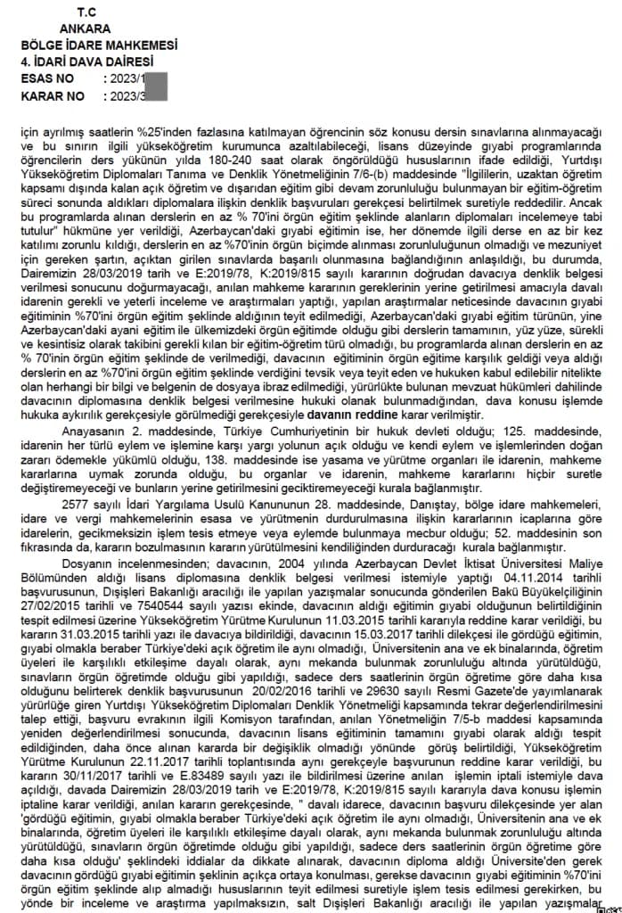 YÖK DİPLOMA DENKLİK DAVALARI