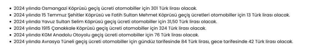 2024 KÖPRÜ ve yol GEÇİŞ ÜCRETLERİ