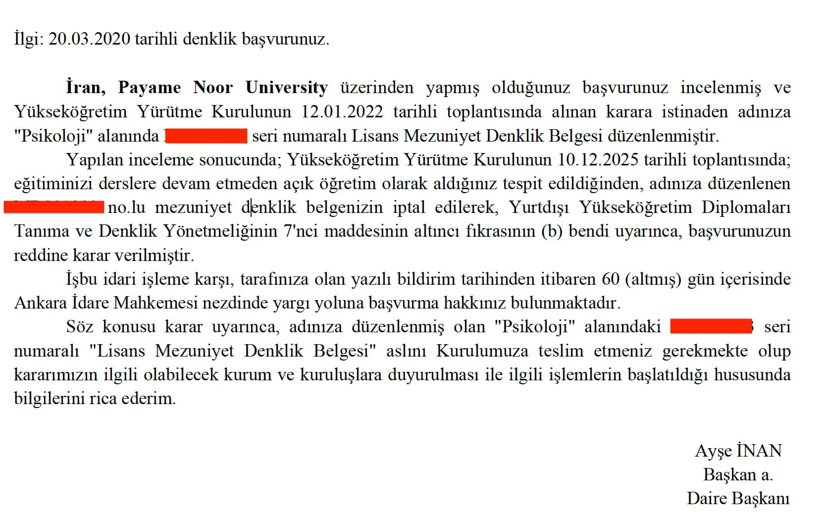 PAYAME NOOR UNİVERSİTY DİPLOMA DENKLİK SORUNU