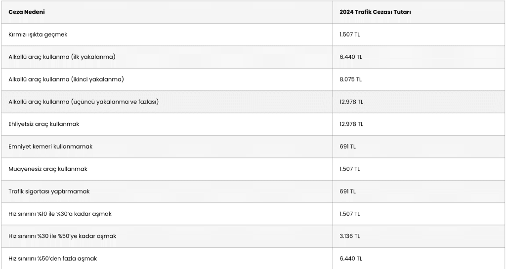 2024 trafik cezaları