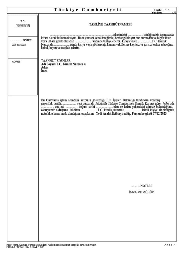 Tahliye Taahhütnamesi Örneği