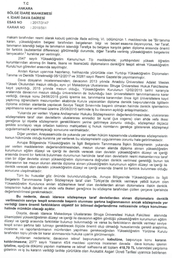 DİPLOMA DENKLİK DAVASI