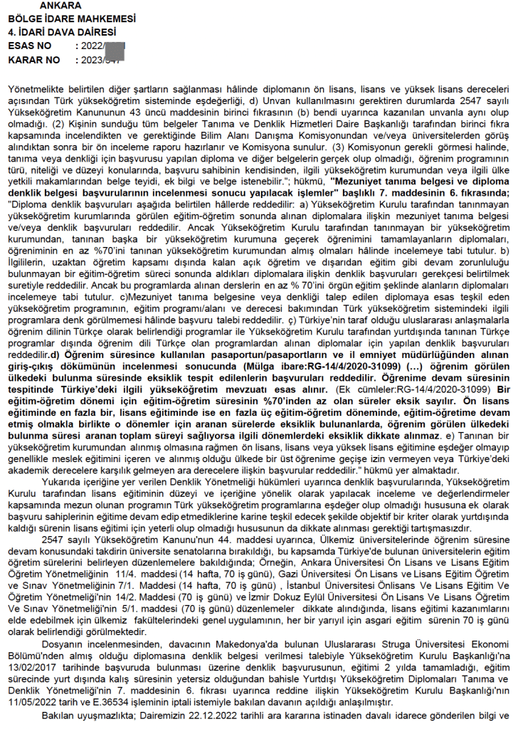 LİSANS DENKLİK İPTAL DAVASI