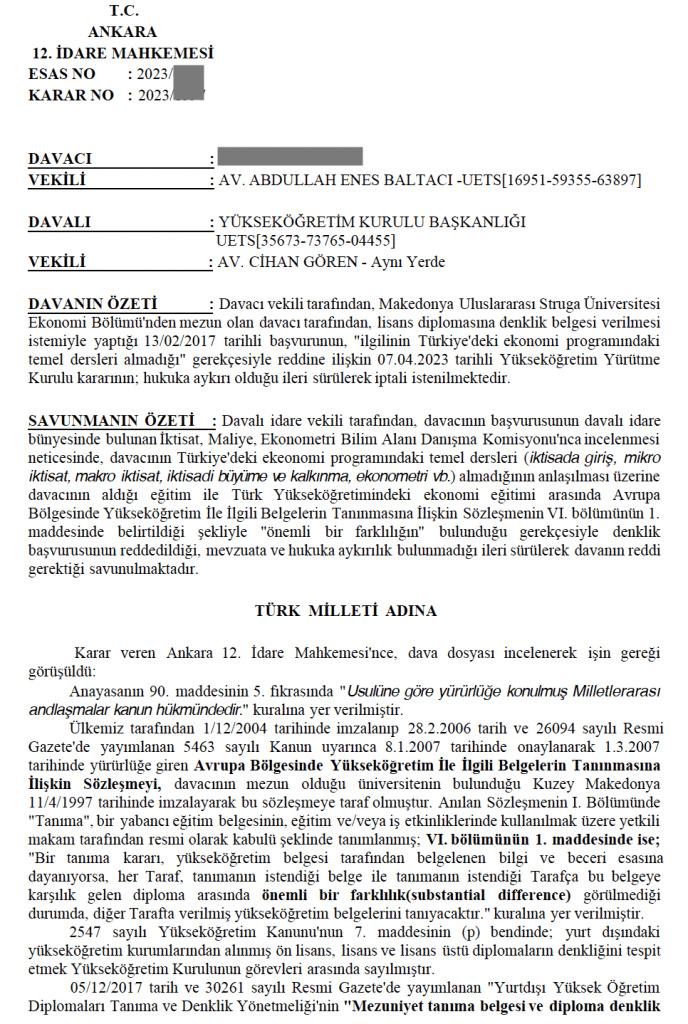 yok diploma denklik avukatı