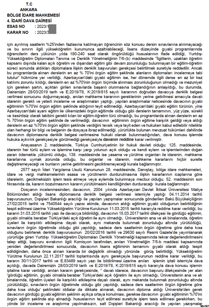 YÖK DİPLOMA DENKLİK DAVALARI