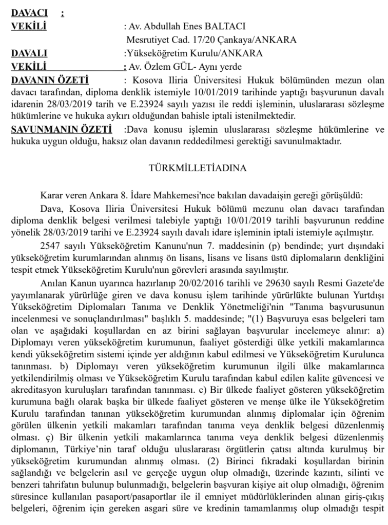 İLİRA KOLEJİ DİPLOMA DENKLİK