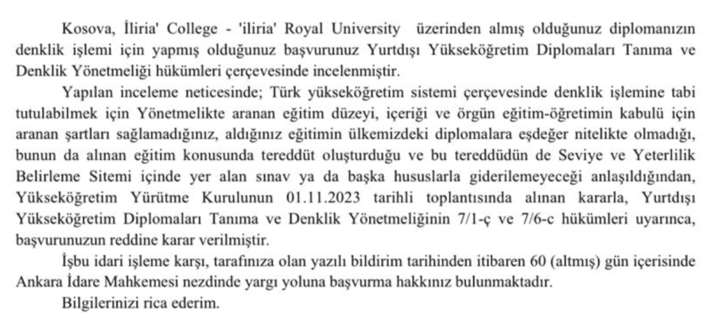 İLİRA KOLEJİ DENKLİK KARARI