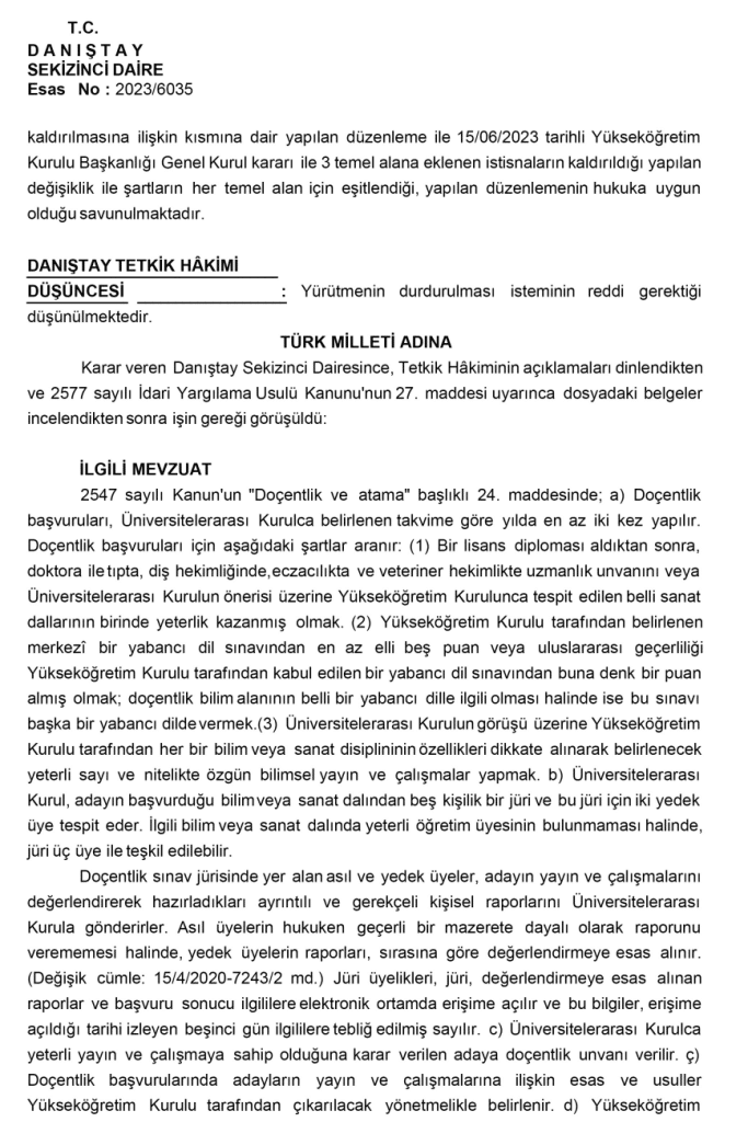 Doçentlik Kriterleri Danıştay Kararı
