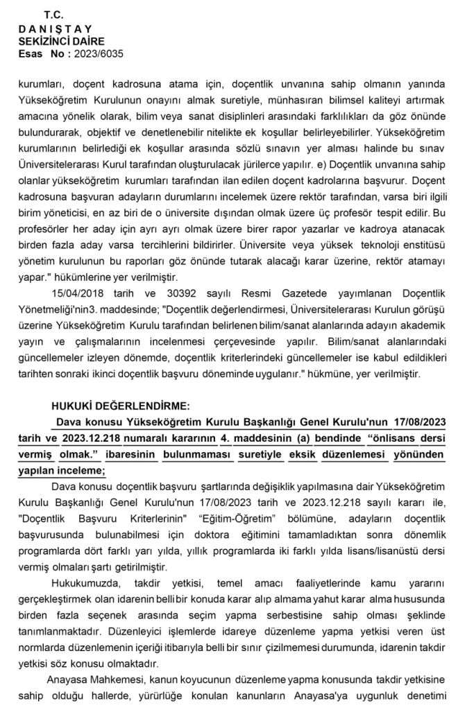 Doçentlik Kriterleri Danıştay Kararı