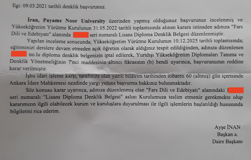 Payame Noor University diploma denklik sorunu
