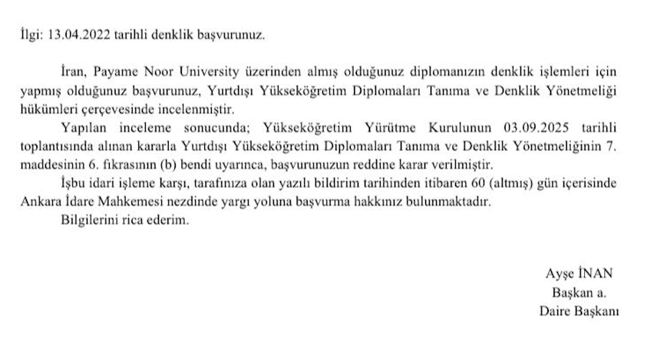 Payame Noor University diploma denklik sorunu
